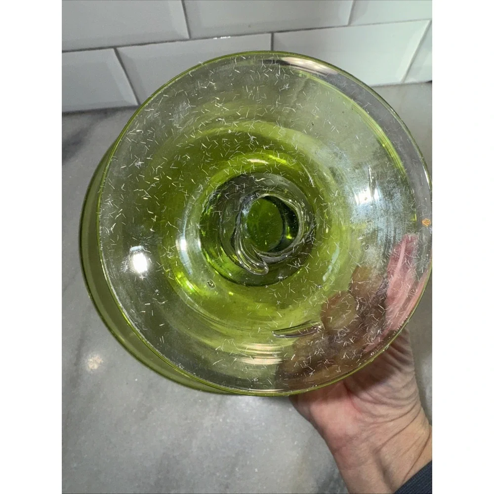 VINTAGE HANDBLOWN Green Glass with clear Footed‎ Base Serving BowlGW993